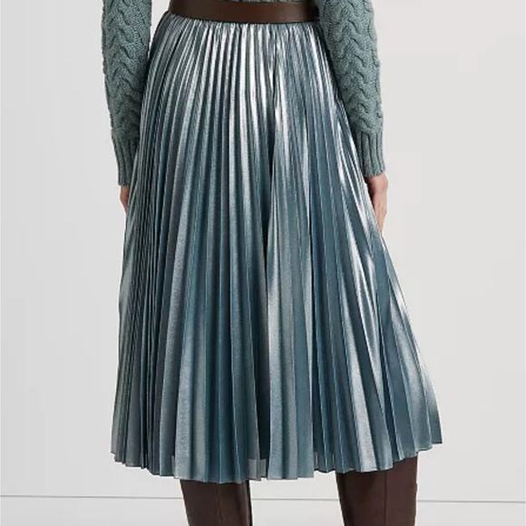 NEW Lauren Ralph Lauren Blue Metallic Pleated Chiffon Midi Skirt - Picture 6 of 15